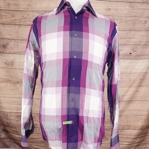 Bugatchi Uomo Shirt Mens Large Purple Pink Plaid Shaped Fit Button Up Cotton - Picture 3 of 10